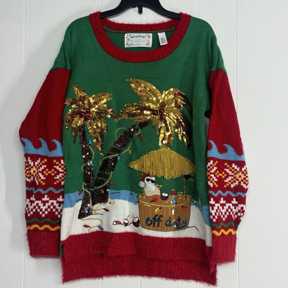 Women’s Red Ugly Christmas Sweater  / Santa Jacuzzi Off Duty Sequin Palm Trees M